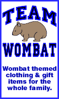 Wombat t-shirts, mugs, hats, buttons, stickers, and much more.
